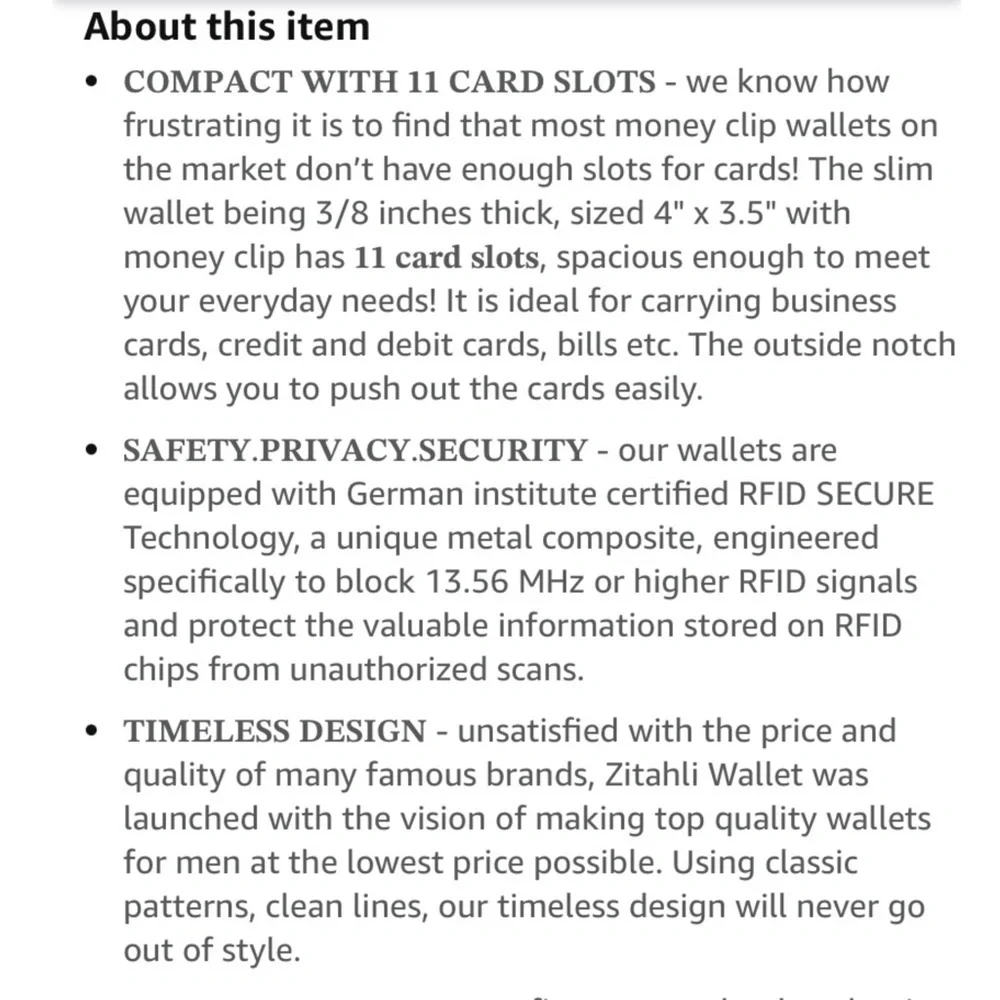 Zitahli Slim Leather RFID Blocking Money Clip Wallet